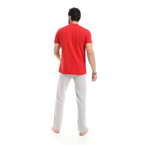 Andora Short Sleeve Solid Pattern Pajama Set - Grey & Red - image 4
