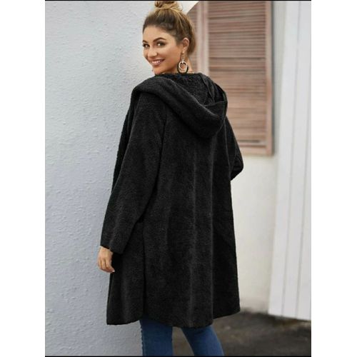 Solid Dual Pocket Open Front Teddy Coat Black