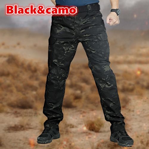 Buy Fashion (Black Camo)Plus Size Mens  Pants Multe Pocket Elasticity  Urban Commuter Tacitcal Trors Men Slim Fat Cargo Pants OM in Egypt