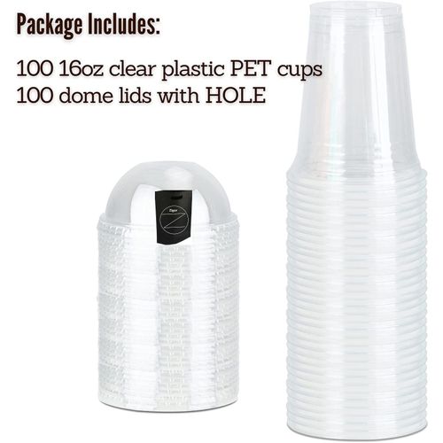 100 Sets - 16 oz.] Plastic Cups With Dome Lids, Clear Plastic Cups