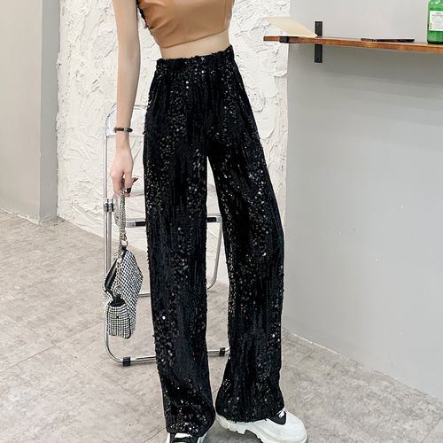 Fashion (Black)2023 Loose European Style Trendy Sparkling Pants Chic  Embroidery Sequins Elastic Waist Wide-legged Women's Long Trousers 32096  DOU @ Best Price Online