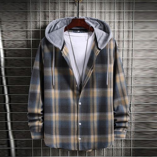 Buy Fashion Men's  Casual Fashion  Printing Loose Lapel Hooded Plaid Long Sleeve Shirt  Jacket  Tops Blouse in Egypt
