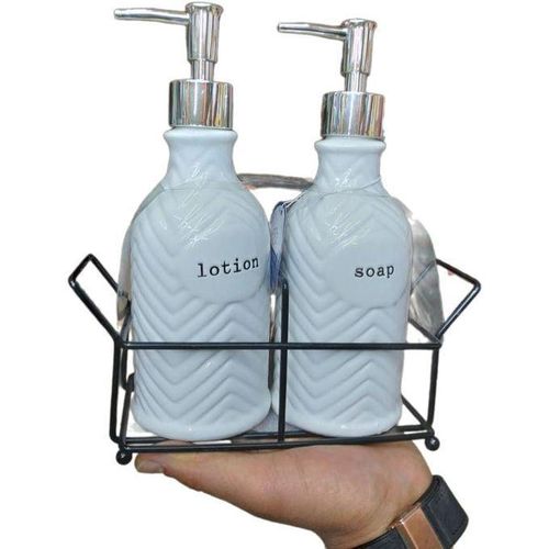 Porcelain Liquid Soap and Wash Dispenser Set with Metal Stand, White, Wavy