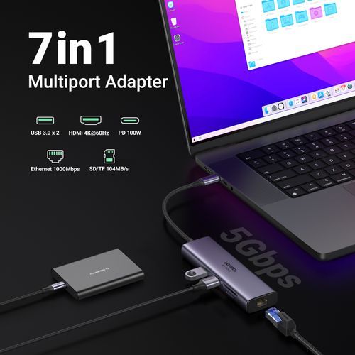 USB C HUB with 4K HDMI 100W PD USB C Port USB 3.0 RJ45 Ethernet SD/