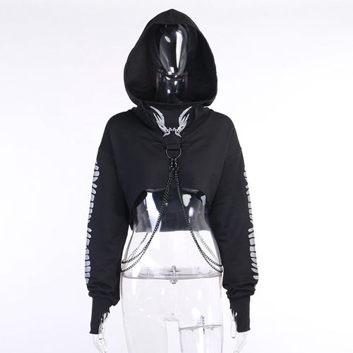 Generic Women Gothic Reflective Print Hoodies Crop Top Pullover