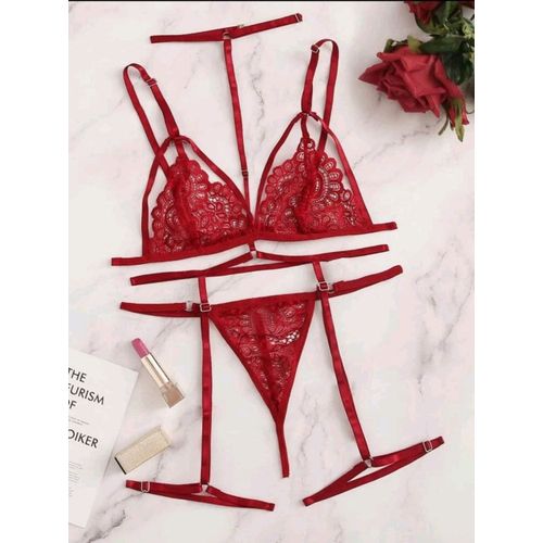 SheIn Women's Strappy Lingerie Set Lace 3 Piece Bra and Panty