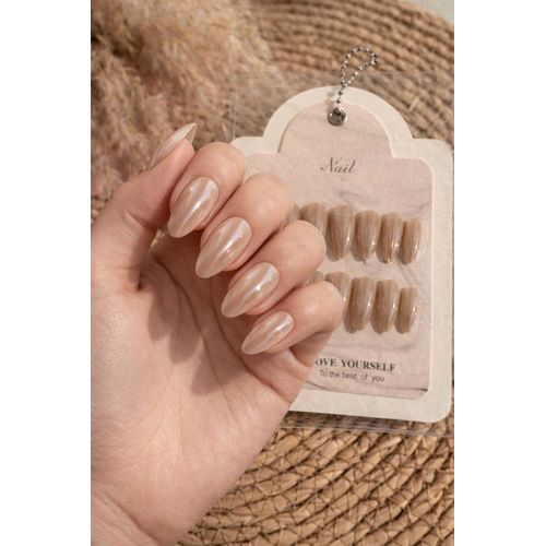 product_image_name-Generic-أظافر لوزية لاصقة - لون بيج عاري فاتح - أظافر اصطناعية لامعة - طول متوسط - 12 قطعة-1