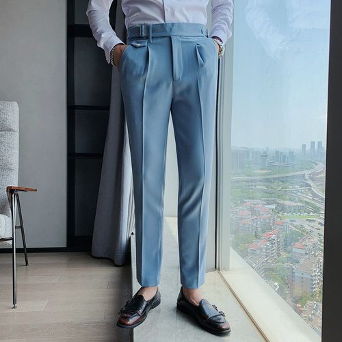 Fashion (Blue12)2021 New Design Men High Waist Trousers Solid England  Business Casual Suit Pants Belt Straight Slim Fit Bottoms White Clothing  ACU @ Best Price Online