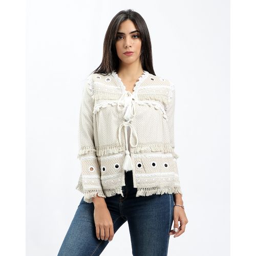 Dare Self Pattern Elegant Lace Up Jacket - Beige &amp; Off-White