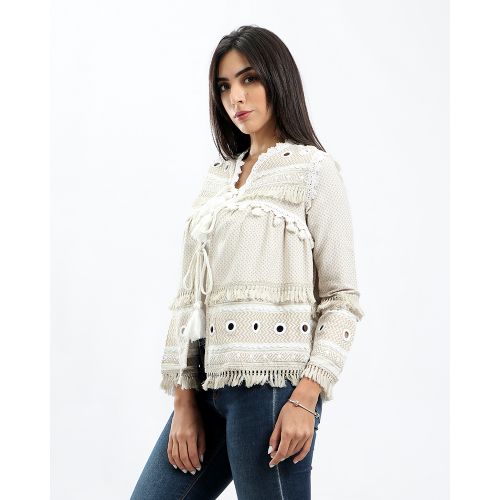 Dare Self Pattern Elegant Lace Up Jacket - Beige &amp; Off-White