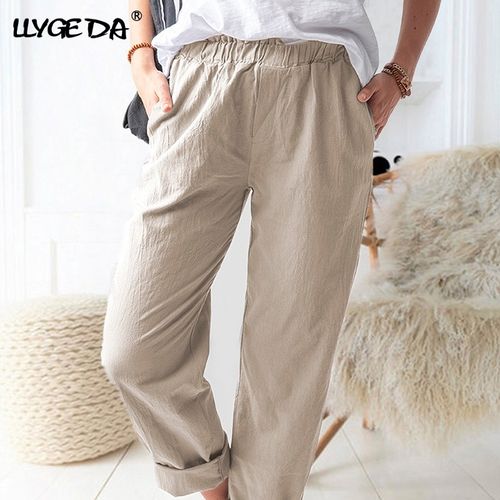 Summer Women Linen Cotton Straight Trousers Casual Loose Elastic Waist Pants