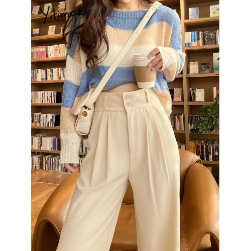 Fashion (Apricot)Yitimoky Woman Pants High Waisted 2 Buttons Pleated  Trousers Baggies Full Length Office Ladies Work Black Gray Vintage Bottoms  DOU @ Best Price Online