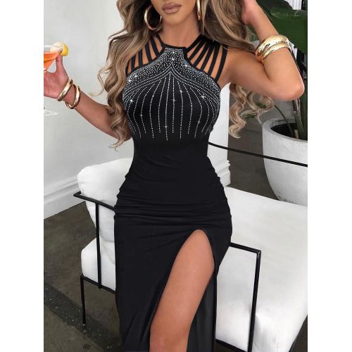 Black Elegant Evening Dresses for Women Slim Hot Rhinestone French Dress Sleeveless Ladies High Slit Bodycon y Dress Black