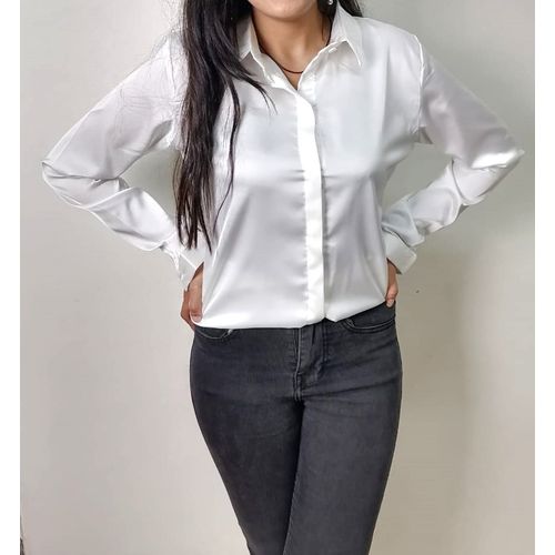 Generic Silky Satin Formal Blouse White , Invisible Placket @ Best