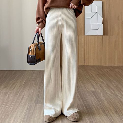 Fashion (apricot Regular)High Waisted Straight Pants For Women Fashion  Button Split Knitted Wide Leg Pants Ladies Casual Solid Elastic Ribbed  Trousers DOU @ Best Price Online