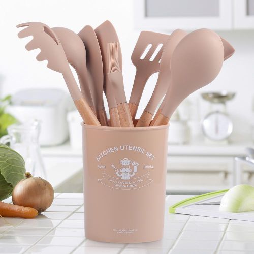 Generic Kitchen Tools Wooden Handle Silicone Kitchenware Twelve Piece Set  with Storage Bucket Factory Spot Direct  Wholesale Twelve kitchen  utensils set - khaki @ Best Price Online