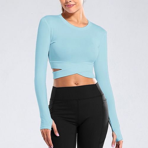 Fashion (long Blue)New Sports Tight Yoga Shirts Crop Top Women Short Sleeve  T-Shirt Gym Tops Fitness Running Workout Sport Top Gym Wear Sports Wear RA  @ Best Price Online