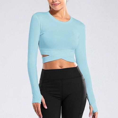 Fashion (long Blue)New Sports Tight Yoga Shirts Crop Top Women