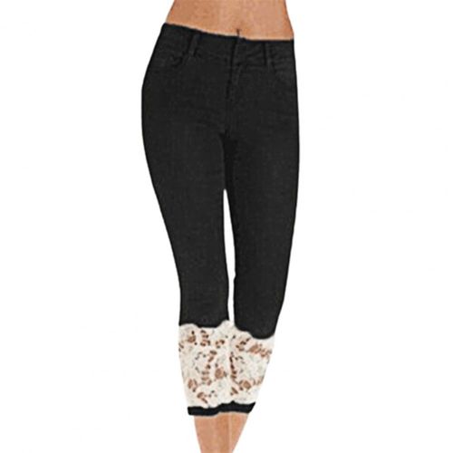 Capri Pants Lace Stretchy Women Calf Length Mid Rise Jeans Female