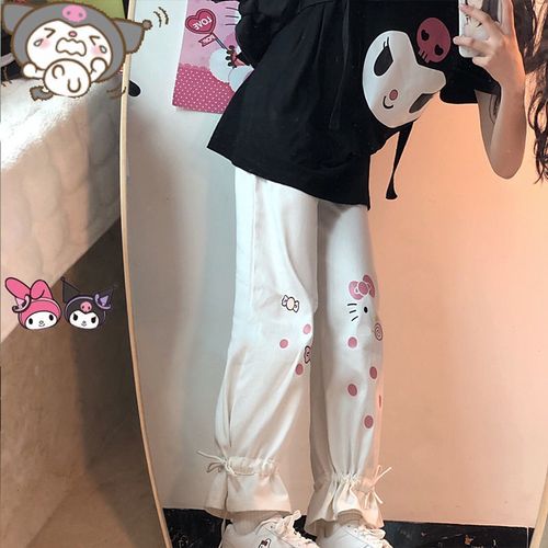 Fashion (White)White Wide Leg Pants Women Kawaii Cartoon Print