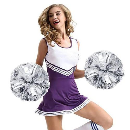 2 Pack Metallic Foil Cheerleader Pom Poms & Plastic Ring Cheer