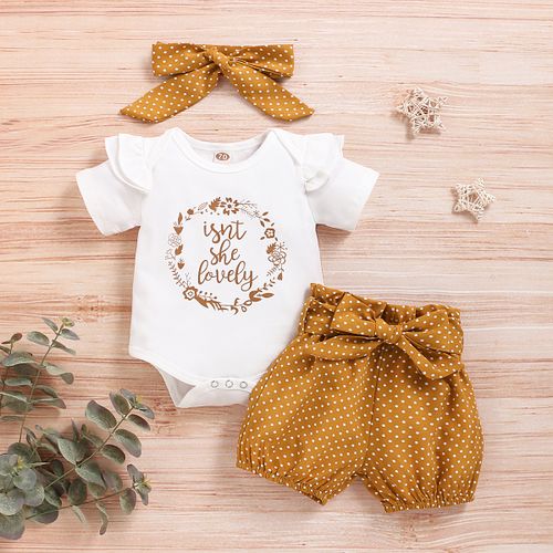 Buy Fashion Newborn Baby Girls Outfit Letter Print Short Sleeve Bodysuit + Yellow Polka Dot Shorts + Headband in Egypt