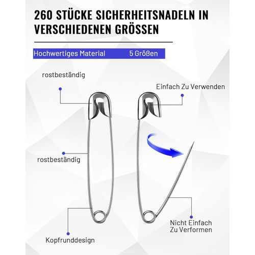 product_image_name-Generic-مجموعة من 260 دبوس أمان - 5 أحجام من 19 مم إلى 55 مم، دبابيس أمان معدنية مقاومة للصدأ، دبابيس أمان متينة للملابس والحرف اليدوية والخياطة والأعمال اليدوية وتصميم الأزياء، (260، فضي)-3
