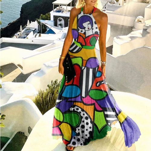 Buy Fashion (Multicolor)Fashion Halter Print Pleated Long Dress Women Sweet O Neck Beach Maxi Dress Summer Sleeveless Elegant Boho Party Dress XXL DOU in Egypt