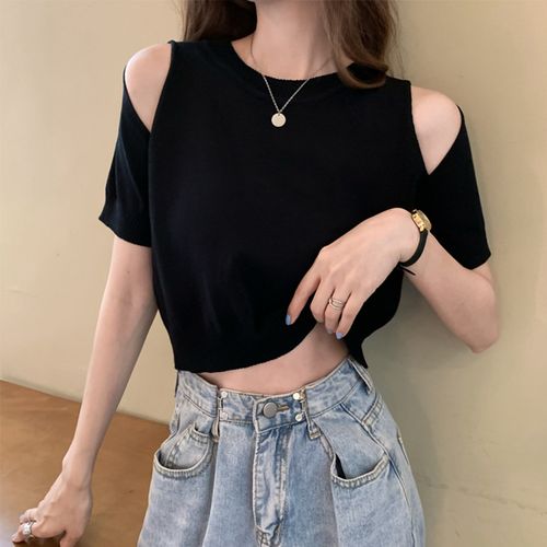 Shoulder Black Top Outfit  Black Crop Tops Summer Outfit