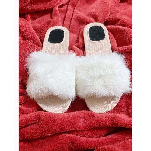 Buy White Fur Slippers With Medical & Comfortable Leather Sole - Flat in Egypt