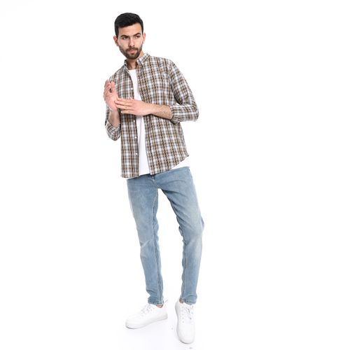 Buy Pavone Plaid Pattern Long Sleeves Cotton Shirt - Beige, Grey & Black in Egypt