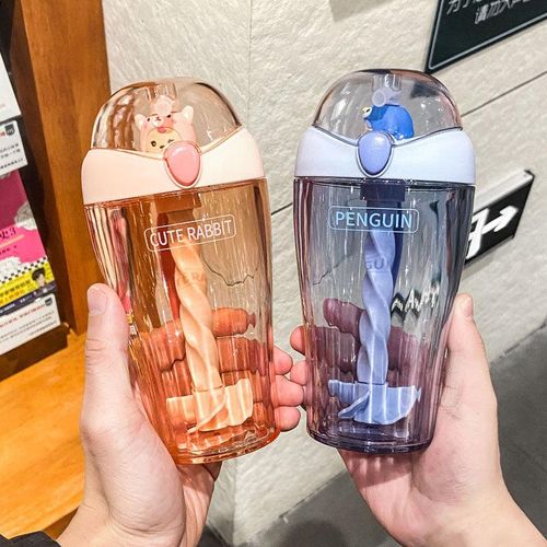 Creative Cartoon Water Bottle with Straw Cute Plastic Drinking