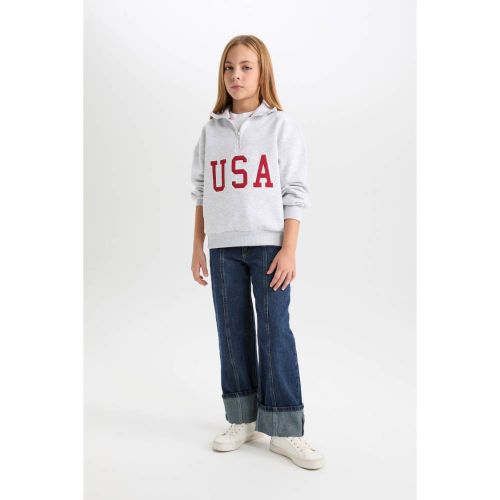 product_image_name-Defacto-Girl Halfzip Relax Fit Sweat Shirt - Lt.Grey Melange-3