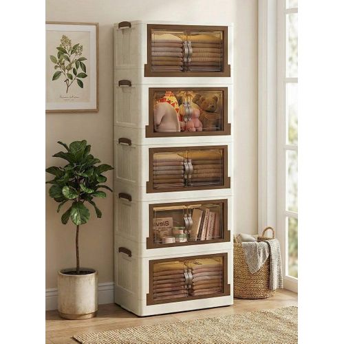 product_image_name-Generic-El Watania 5-Tier Plastic Clear-Door Storage Cabinet, White and Beige Display Drawers, Organizer Unit with Transparent Doors, Home Office Storage Solution-1