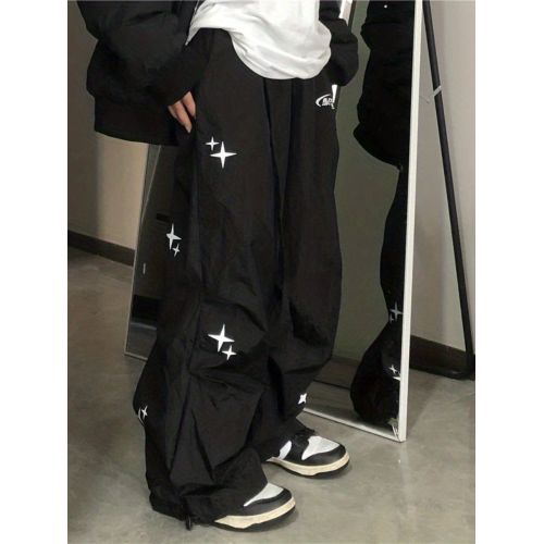 Women Black Oversized Casual Korean Baggy Cargo Parachute Track Pants Cyber  Y2K Sweatpants Low Rise Joggers Trousers Clothes