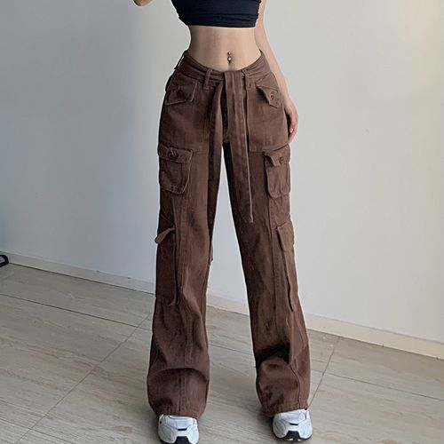  Baggy Cargo Pants Women High Waist Pants For Women Loose  Pocket Jogger Straight Wide Leg Y2K Cargo Pants Brown