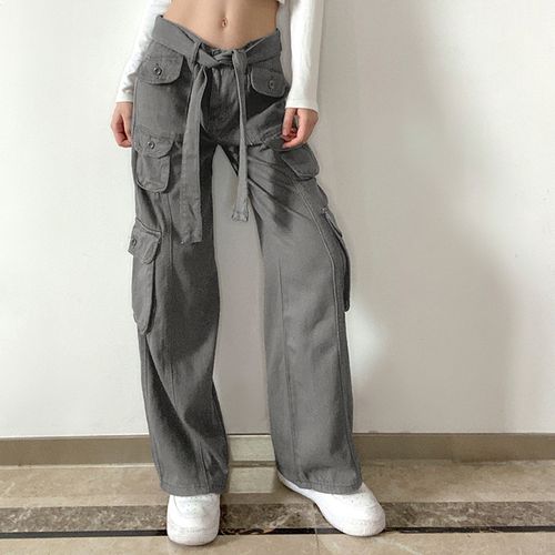 Xiaoxuemeng Womens Baggy Utility Pants Summer High Waisted Wide Leg Cargo  Pants with Pockets (Grey-S) at  Women's Clothing store
