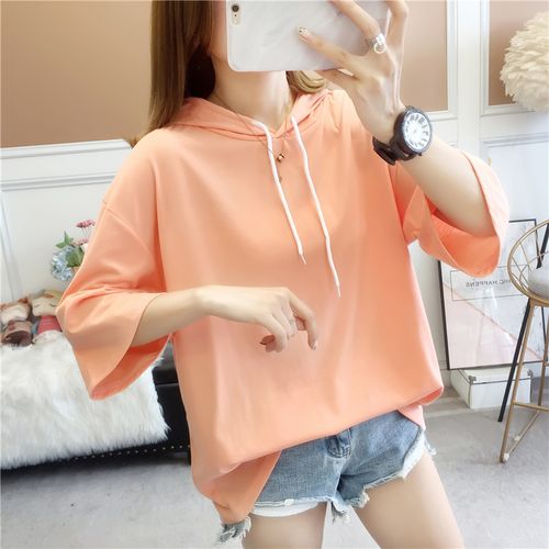 Fashion (FuD 4156 Ju)Korean Solid Loose Basic Hooded T Shirt Summer Cotton  Short Sleeve T-shirts Women Casual White Tops Tshirt Young Girl Streetwear  RA @ Best Price Online