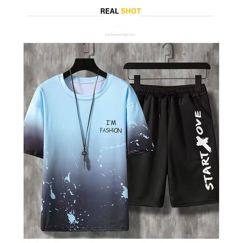 Buy Men`s Printed Short T-Shirt Set Black/Blue in Egypt