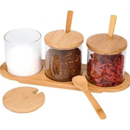 Set of 3 Glass Jars with Spoons Bamboo Lids Spice Rack Square