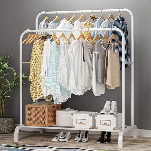 product_image_name-Generic-metal multipurpose garment rack heavy duty cloth rail with 2 bottom shelf coat jacket hanging hanger shoe stand (white / 148 x 110 x 33cm, double)-1