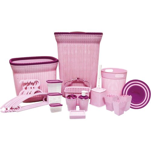 National Aqua 25 Piece Set 1 Laundry Basket with Lid/1 Clothes Basket/1 Wastebasket/6 Clothes Hangers/1 Soap Pump/1 Soap Holder/1 Toilet Brush/3 Food Containers/5 Containers/5 Multi-Purpose Baskets, Purple
