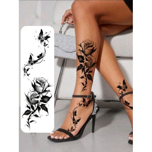 product_image_name-SHEIN-2pcs Black Flower & Butterfly Temporary Tattoo Stickers For Women, Waterproof-1