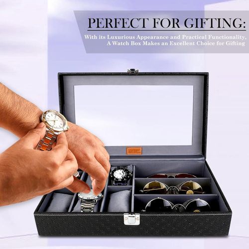 product_image_name-Generic-علبة ساعات وحافظة نظارات شمسية، منظم بستة فتحات للساعات وثلاث فتحات للنظارات الشمسية، باللونين الأسود والرمادي.-2
