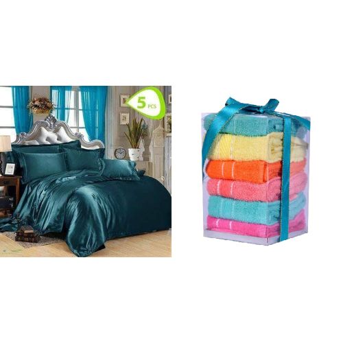 Buy Satin Bed Sheet Set - 5 Pcs - Turquoise + Cotton Towels - 6 Pcs - 30*30 Cm in Egypt