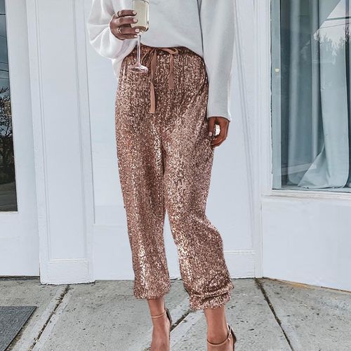 TUNUSKAT Sequin Pants for Women 70s Sparkly High Waist Wide Leg Palazzo  Pants Night Club glitter Flare Trousers Disco Outfits X-Large A1_army Green