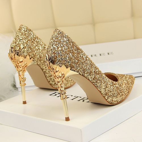 Fashion Bigtree Ladies Heels Metallic Carved Sequins Sandals Gold
