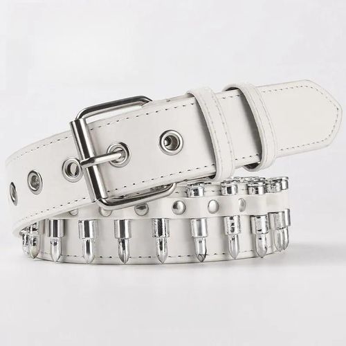 White leather belt studded with bullet-shaped metal studs