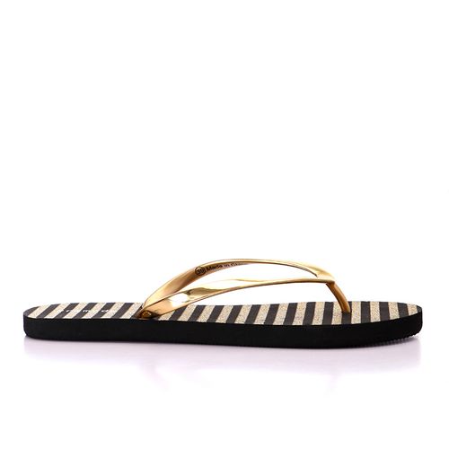 product_image_name-Premoda-حذاء شاطئي صيفي مزخرف بخطوط لامعة - ذهبي وأسود - بريمودا-1