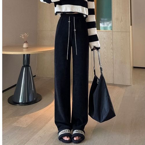 Women Cozy Solid Loose High Waist Wide Leg Pants Bandage Long